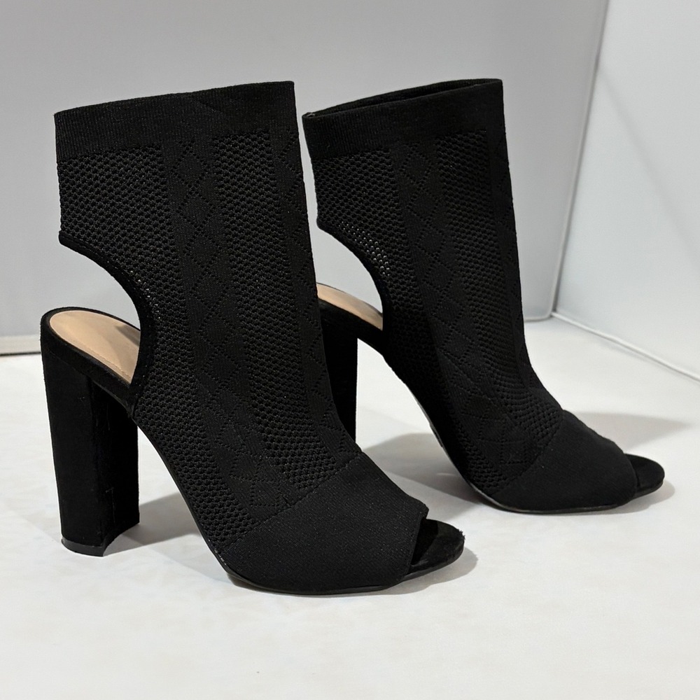 Primark Womens Black Knit Peep Toe Cutout Block Heel Sock Ankle Boots